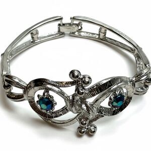 “Vintage Silver Tone Hinged Bangle Bracelet Aurora Borealis Rhinestone Accents”